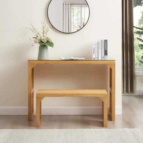Dining Bench And Table, Pine Indoor Wood Bench For Entryway,Living Room,Kitchen And Bedroom Table And Bench Set  Nature, Long Bench  Table Tempered Glass Included