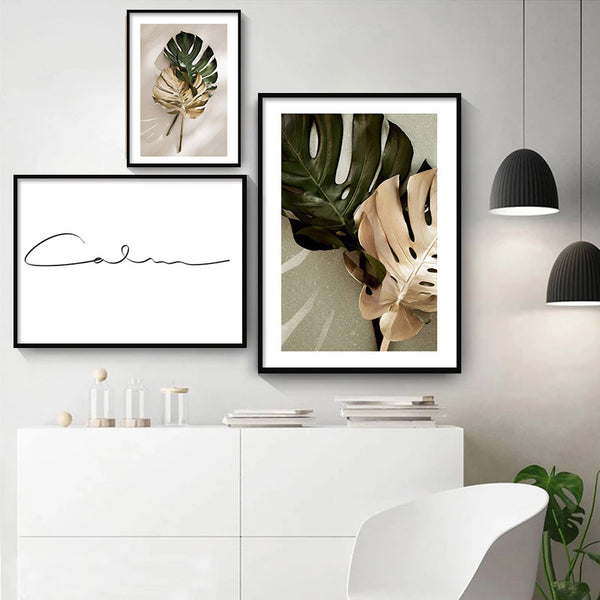 Green And Gold Leaves Nature Poster And Living Room Decor Printed Wall