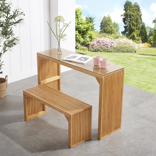 Dining Bench And Table, Pine Indoor Wood Bench For Entryway,Living Room,Kitchen And Bedroom Table And Bench Set  Nature, Long Bench  Table Tempered Glass Included