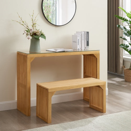Dining Bench And Table, Pine Indoor Wood Bench For Entryway,Living Room,Kitchen And Bedroom Table And Bench Set  Nature, Long Bench  Table Tempered Glass Included